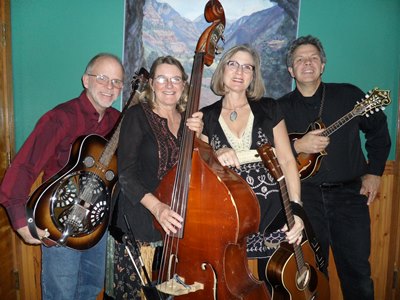 Alternate Route, promo photo: mandolin, guitar, dobro, bass.